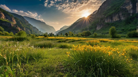 Sunset in the mountains. Beautiful summer landscape with blooming meadow and sun.の写真素材