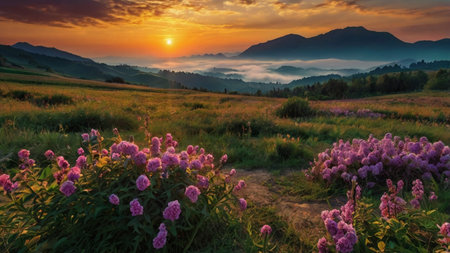 Beautiful sunset in the mountains. Sunrise over the meadow with pink flowers.の写真素材