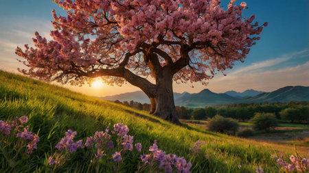 Cherry blossom tree in the meadow at sunset. Beautiful spring landscape.の写真素材