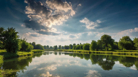 Beautiful summer landscape with a river and clouds in the blue skyの写真素材