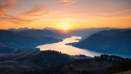 Mountains and lake at sunset. Beautiful landscape in the mountains.の写真素材