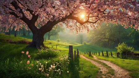Beautiful spring landscape with blooming sakura tree in the morning mistの写真素材