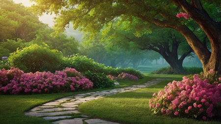 beautiful blooming rhododendron garden in the morningの写真素材