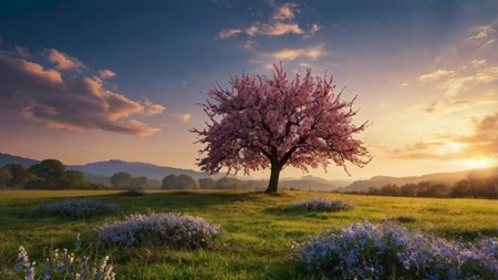 Beautiful spring landscape with blooming tree on meadow at sunset