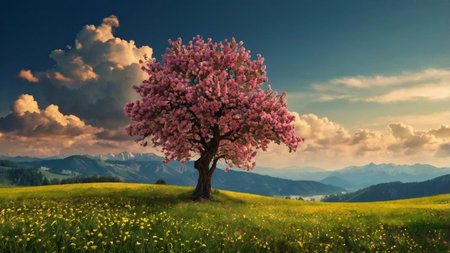 Blossoming tree on a meadow against the background of mountains