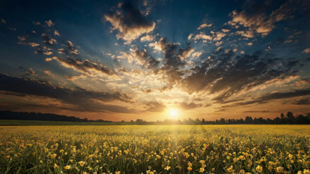 Sunset over a field of yellow daffodils and clouds