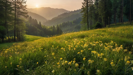 Meadow with yellow flowers at sunset in the Carpathian mountains