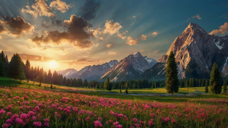 Beautiful alpine meadow with pink wildflowers at sunsetの写真素材