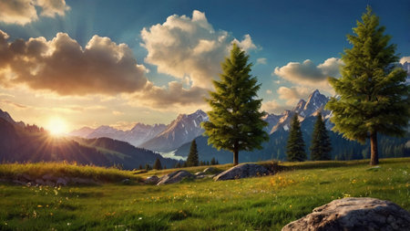Panoramic view of beautiful mountain landscape with coniferous forest at sunsetの写真素材