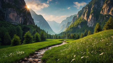 Panoramic view of the alpine meadow and riverの写真素材