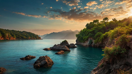 Beautiful seascape. Panoramic view of the sea and mountains.の写真素材