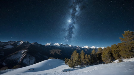 Milky way over the snowy mountains at night. Winter landscape.の写真素材