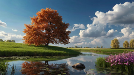 Autumn landscape with tree and lake. Panoramic view.の写真素材