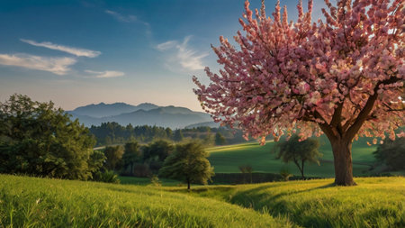 Cherry blossoms on a meadow in Tuscany, Italy