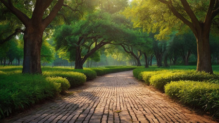 Sunset in the park. Beautiful summer landscape. Green trees and stone pathway.の写真素材