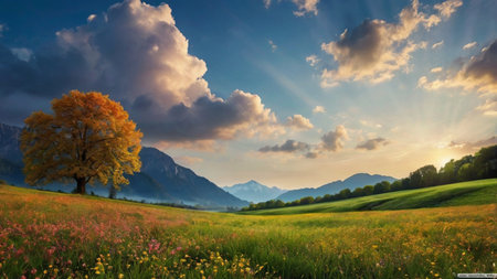 Autumn landscape with alpine meadow and yellow tree at sunsetの写真素材