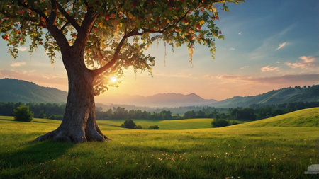Beautiful summer landscape with a tree in the meadow at sunsetの写真素材