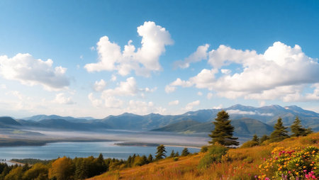 Beautiful summer landscape with mountain lake and pine trees in the foreground