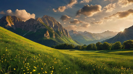 Meadow in the mountains at sunset. Beautiful summer landscape.