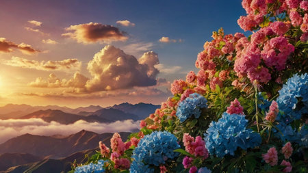 Blue and pink hydrangea flowers on the background of the mountainsの写真素材