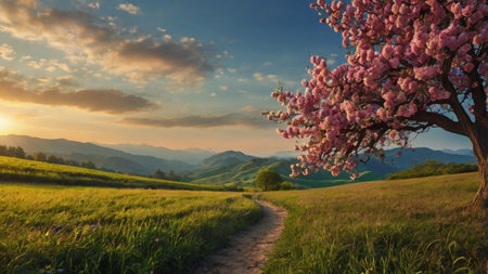 Beautiful spring landscape in the mountains with blooming cherry trees.の写真素材