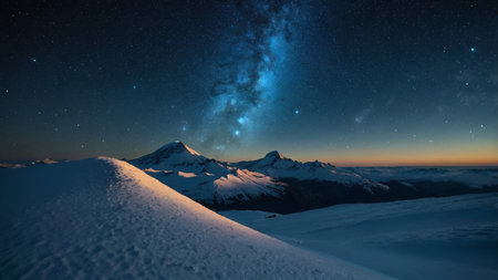 Starry sky over the snowy mountains. Starry sky and milky way.の写真素材
