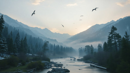 Mountain river in the morning mist. Beautiful landscape with a view of the mountainsの写真素材