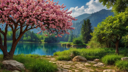 Beautiful spring landscape with blooming tree and lake in the mountainsの写真素材