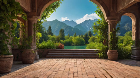 garden with a lake and mountains in the background, 3d renderの写真素材