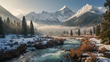 Mountain river with snow and fog. Beautiful winter landscape in the mountainsの写真素材