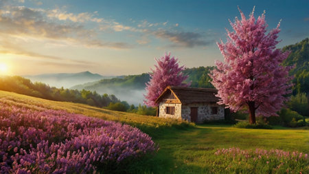 Pink blooming flowers and old wooden house in the mountains. Spring landscape.の写真素材
