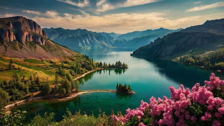 Panoramic view of beautiful alpine lake with azaleas and mountains on backgroundの写真素材