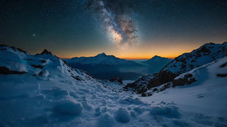 Milky Way over the mountains at night with stars in the skyの写真素材