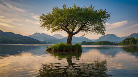 Lonely tree on a small island in the middle of a lake