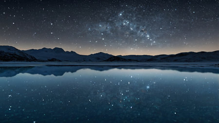 Mountain landscape with starry sky reflected in water.の写真素材