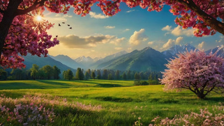 Beautiful spring landscape with blooming sakura flowers and mountains.の写真素材