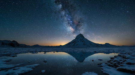 Milky Way over Kirkjufell mountain in Iceland at nightの写真素材