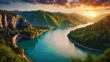 Panoramic view of turquoise lake in the mountains at sunsetの写真素材