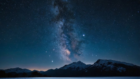 Milky Way over the snow-capped mountains at night.