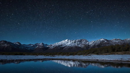Night landscape with starry sky, lake and snow-capped mountains