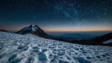 Night starry sky over snowy mountain peak with stars and milky wayの写真素材