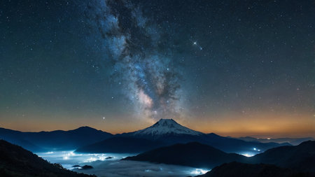 Milky way over a mountain at nightの写真素材