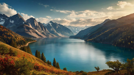 Beautiful mountain lake in the autumn. Fantastic view of the mountain lake.の写真素材