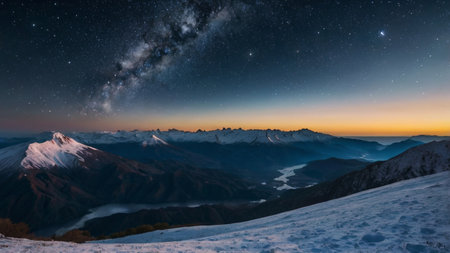 Milky Way over the mountains at sunset. Starry sky.