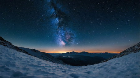 Milky way over the snowy mountains. Starry night sky.