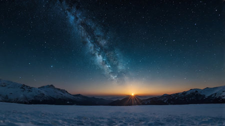 Milky way over snowy mountains at night. Starry sky.の写真素材