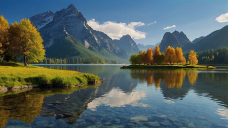 Autumn alpine lake. Reflection of mountains in water.