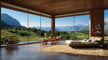 Interior of modern living room with panoramic view on mountainsの写真素材