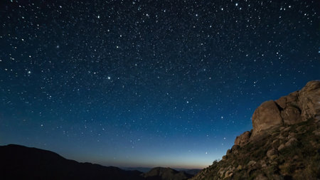 Night sky with stars and milky way over a mountain peak.の写真素材
