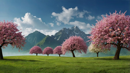 Beautiful spring landscape with blooming trees and mountains in the backgroundの写真素材